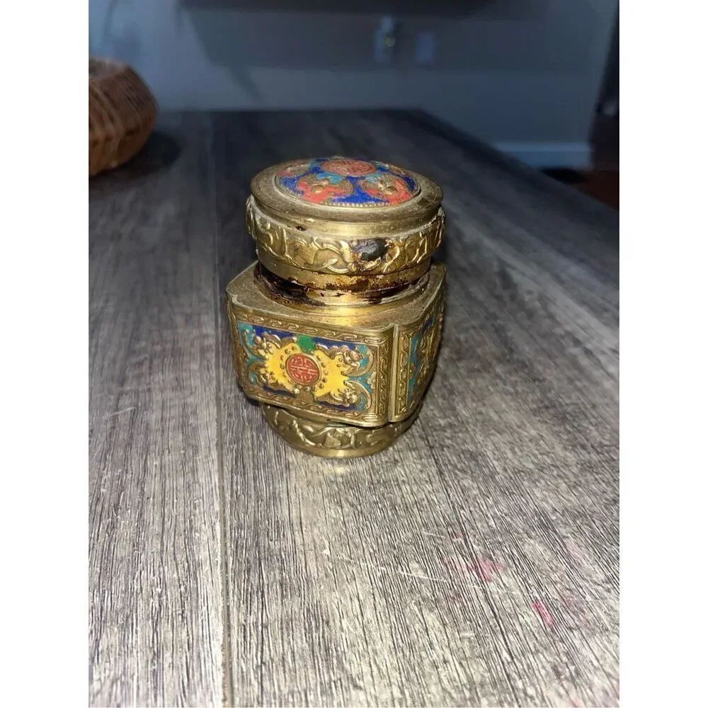 Antique Chinese Brass Tea Jar Caddy Enameled Relief Market Scent Jar
